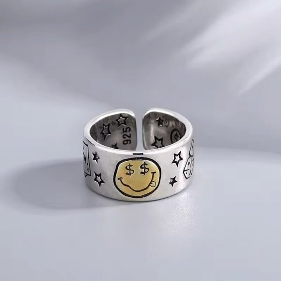 925 Sterling Smiley Happy Money Face Poker Boho Ring (Silver Face) #1380 - Picture 3 of 11